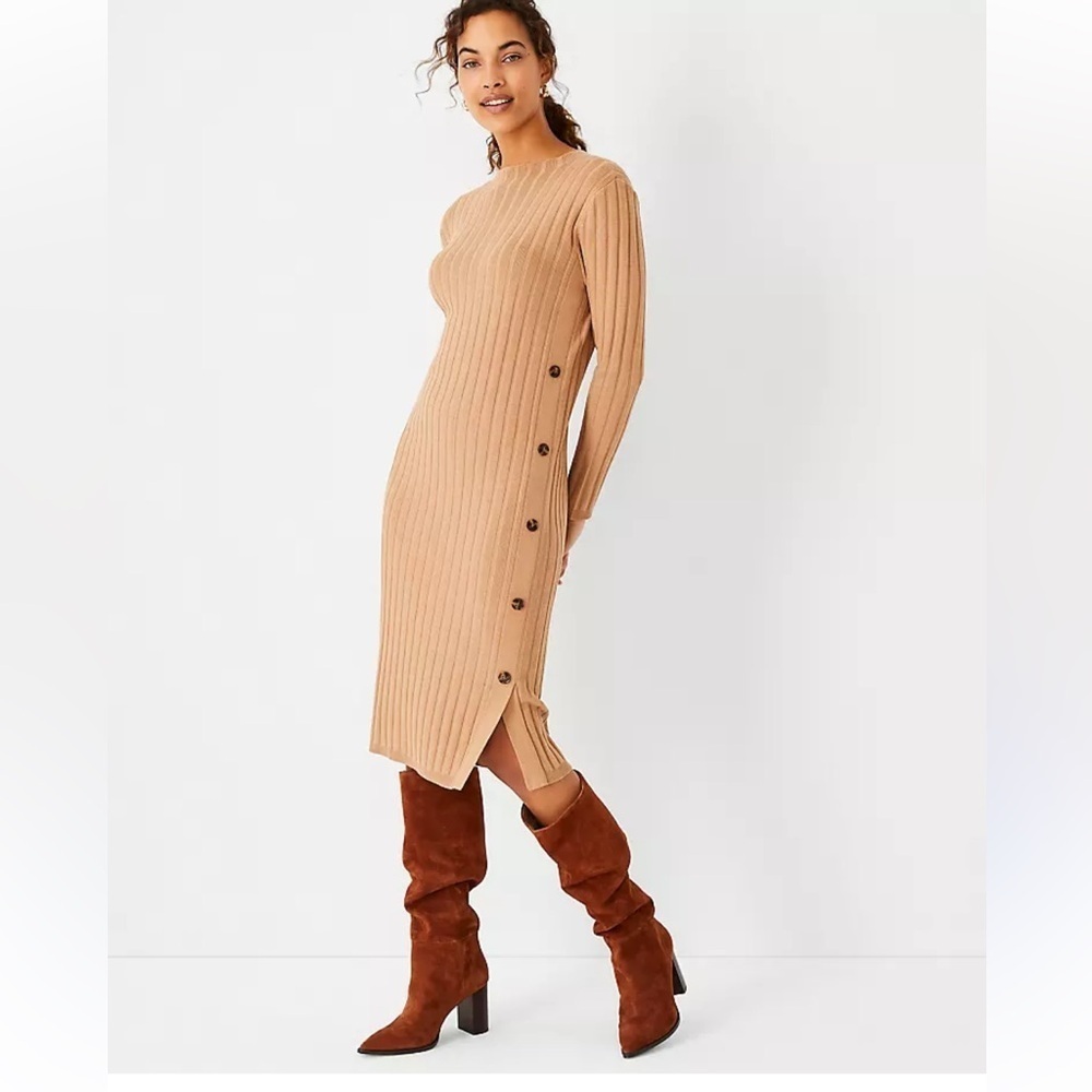 Ann Taylor Tan Side Button Ribbed Knit Midi Sweater Dress XS Preppy Quiet Luxury
